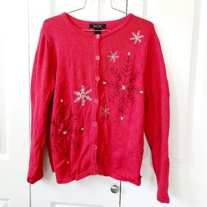 Red Christmas Sweater Embroidered Snowflakes Rhinestones‎ size Medium